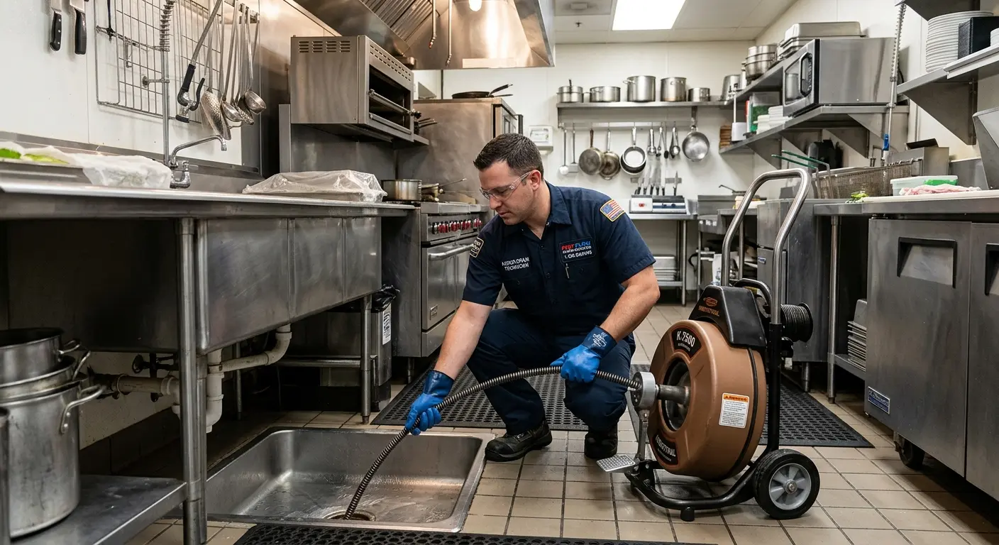 Commercial drain cleaning service in a restaurant kitchen in Oklahoma City