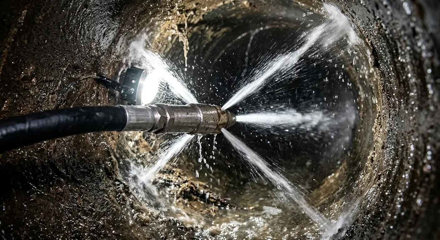 High-pressure hydro jetting nozzle cleaning sewer pipe for Storm Drain Cleaning in Oklahoma City