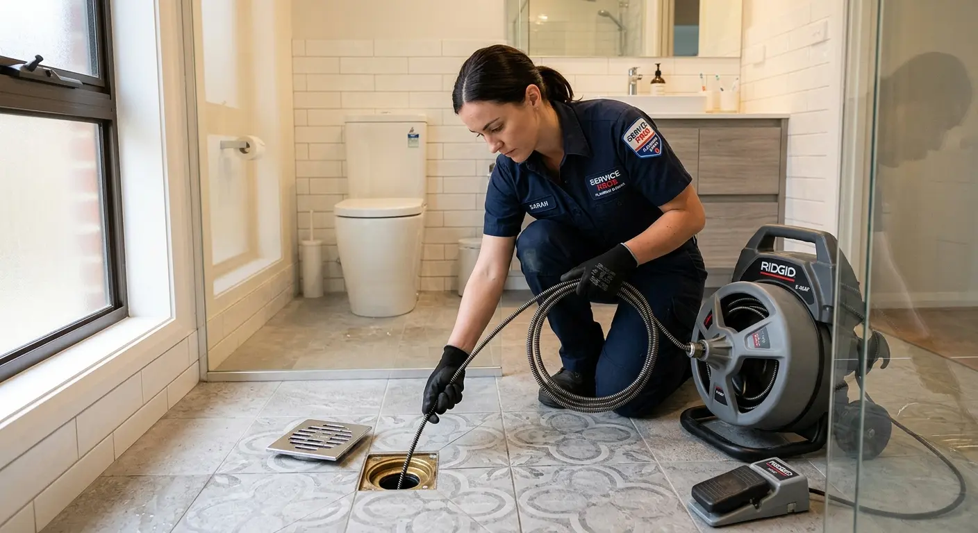 Technician clearing a bathroom floor drain for Clogged Drain Repair in Oklahoma City
